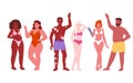 Cartoon isolated happy man and woman in bikini, with acceptance of different beauty and body features, friends