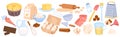 Cartoon isolated kitchen collection for cooking bakery recipe, sugar and flour in bag, butter and eggs to bake cake on