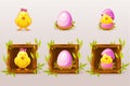 Cartoon isolated pink eggs and chicken in square of twigs. Web icons and mobile app design. Vector illustration Royalty Free Stock Photo