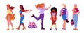 Cartoon isolated rollerskating collection with female characters move with fun and dance, walking woman with skating