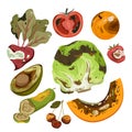 Cartoon isolated spoiled and damaged fruit and vegetables with rot, danger mold and poisons, moldy expired pieces