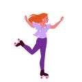 Cartoon isolated sporty young beautiful woman wearing boots with wheels to move with fun and speed, enjoy active motion Royalty Free Stock Photo