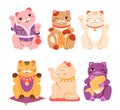 Cartoon isolated various poses collection of cute maneki neko characters, funny doll animal and symbol of money and Royalty Free Stock Photo