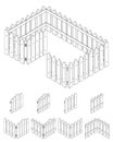 Cartoon isometric fence line. Set of wooden fence for games. 3d set in isometric projection.