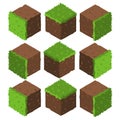 Cartoon Isometric grass and rock stone game brick cube.