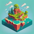 Cartoon isometric private island with houses and mountain, Generative AI