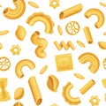 Cartoon italian pasta, dough food seamless pattern. Macaroni, penne, fusilli and spiral shapes. Cuisine cooking Royalty Free Stock Photo