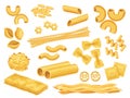 Cartoon italian pasta types, macaroni, spaghetti and ravioli. Dry penne, farfalle, rigatoni and lasagna noodles. Pasta