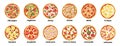 Cartoon italian pizza top view. Pizzas different ingredients set. Isolated pizzeria symbols, fast food delivery service