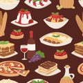 Cartoon Italy food cuisine delicious homemade cooking fresh traditional lunch vector seamless pattern.