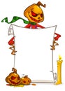 Cartoon jack o lantern pumpkin head holding blank paper scroll for text. Halloween illustration Royalty Free Stock Photo