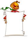 Cartoon jack o lantern pumpkin head holding blank paper scroll for text. Halloween illustration Royalty Free Stock Photo