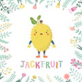 Cartoon jackfruit illustration with flowers & lettering Royalty Free Stock Photo