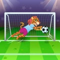 The jaguar girl as a goalkeeper catching the soccer ball near gates on the field Royalty Free Stock Photo