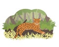 Cartoon jaguar lying on a tree in jungle. Vector illustration. Rainforest inhabitants. Royalty Free Stock Photo