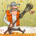 Cartoon janitor with broom pointing finger to the side