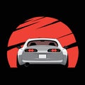 Cartoon Japan Tuned Car On Red Sun Background. Back View. Vector Illustration