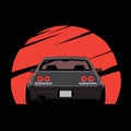 Cartoon japan tuned car on red sun background. Back view. Vector illustration