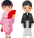 Cartoon Japanese couple wearing traditional costume