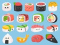 Cartoon japanese sushi, rolls and shrimp tempura with kawaii faces. Cute asian food nigiri with salmon. Onigiri funny characters