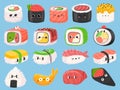 Cartoon japanese sushi, rolls and shrimp tempura with kawaii faces. Cute asian food nigiri with salmon. Onigiri funny
