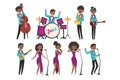 Cartoon jazz artists characters singing and playing on musical instruments. Contrabassist, drummer, saxophonist Royalty Free Stock Photo