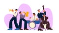 Cartoon jazz band play music on saxophone, trumpet, drum and bass guitar vector flat illustration