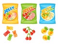 Cartoon jelly candies packs. Colorful fruity gum bags. Gelatin bears. Cherries and pineapple shaped. Confectionery