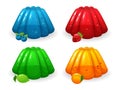 Cartoon jelly. Sweet blueberry, strawberry, lime and peach taste jellies. Colorful gelatin dessert isolated vector