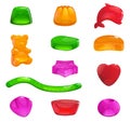 Cartoon jelly sweets. Chewing fruit candies. Colorful tasty gummy animals, hearts and stars. Marmalade bears. Sugar