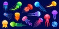 Cartoon jellyfish. Exotic glowing underwater animal, deep marine glowing creature with tentacles different colors and