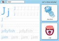 Cartoon jellyfish and jam. Alphabet tracing worksheet