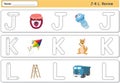 Cartoon jellyfish, jam, kite, kangaroo, lorry and ladder. Alphabet tracing worksheet Royalty Free Stock Photo