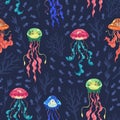 Cartoon jellyfish seamless pattern. Bright glowing ocean animals, transparent scalding creatures, sea fish flock, underwater Royalty Free Stock Photo