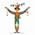 Cartoon jester performing, colorful costume, juggling, festive mood, humorous character Royalty Free Stock Photo