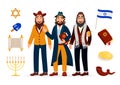Cartoon jews characters icons collection isolated on white background with jewish symbols and holidays attributes vector Royalty Free Stock Photo