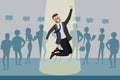 Cartoon job candidate won and jumps in spotlight, human resource recruitment concept,silhouettes of people on the background,flat Royalty Free Stock Photo