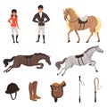 Cartoon jockey icons set with professional equipment for horse riding. Woman and man in special uniform with helmet