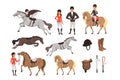 Cartoon jockey icons set with professional equipment for horse riding. Woman and man in special uniform with helmet Royalty Free Stock Photo