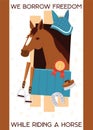 Cartoon jokey banner with horse in stable, equipment for horse riding, stirrup, horseshoe, equine with prize. Vector