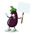 Cartoon joyful eggplant with tablet in hand