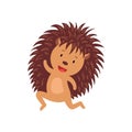 Cartoon joyful hedgehog jumping isolated on white. Smiling funny porcupine hopping.