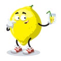 Cartoon joyful lemon holding a glass with juice