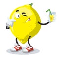 Cartoon joyful lemon winks and holds a glass with juice