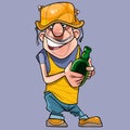 Cartoon joyful male worker in a helmet with a bottle in his hand
