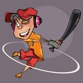 Cartoon joyful man with a bat in hand playing baseball