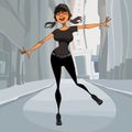 Cartoon joyful sports woman having fun on a city street