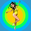 Cartoon joyful woman dancing merrily against the background of a circle