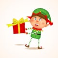 Cartoon Joyful Xmas elf holding gift. Giving gifts, presents, box. Christmas concept. Vector illustration of elf on white Royalty Free Stock Photo
