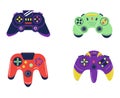 Cartoon joystick set. Video game equipment. Colorful controllers for console. Gamepads different forms collection